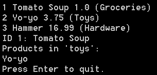 Screenshot of the console window showing an outputted list of products associated with I D and categories.