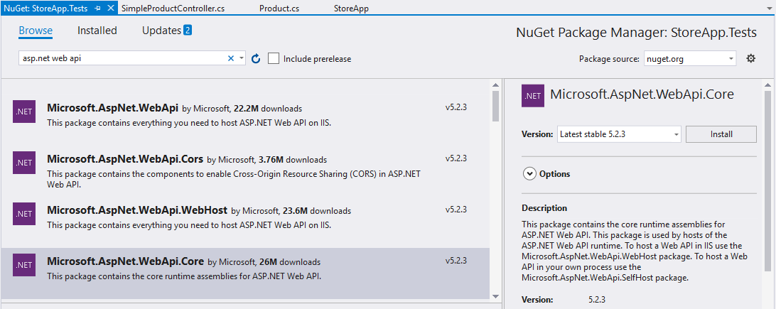 install web api core package