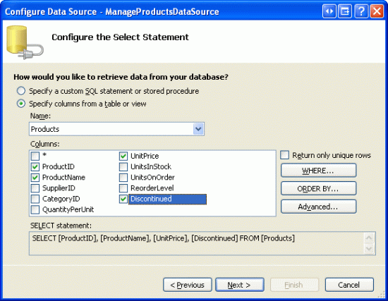 Using the Products Table, Return the ProductID, ProductName, UnitPrice, and Discontinued Columns