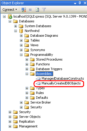 Screenshot of the Object Explorer window with the ManuallyCreatedDBObjects.dll assembly highlighted.