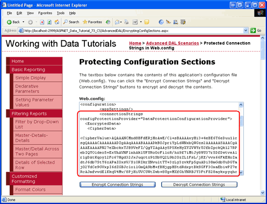 Clicking the Encrypt Connection Strings Button Encrypts the <connectionString> Section