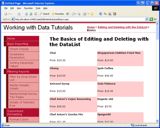 The Products Names and Prices are Displayed in a Two-Column DataList