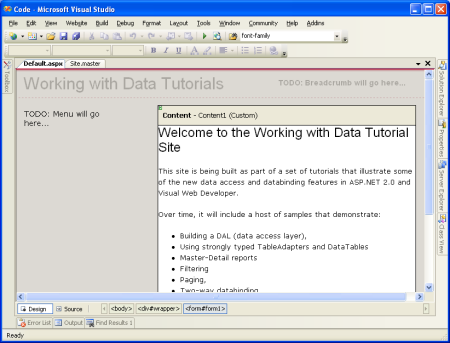 The Design View for the ASP.NET Page Shows Both the Editable and Non-Editable Regions