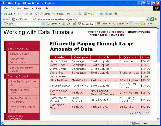 The Data, Ordered by the Product s Name, is Paged Using Custom Paging