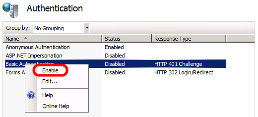 Right-click Basic Authentication, and then click Enable.