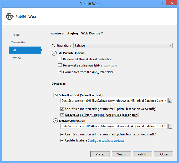 Settings tab for staging