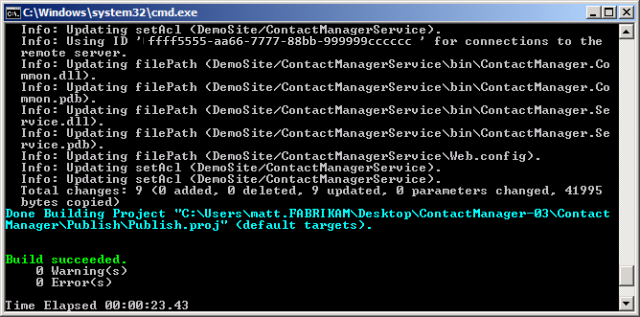 If your configuration settings and test servers are set up correctly, the Command Prompt window will show a Build succeeded message when MSBuild has finished processing the project files.