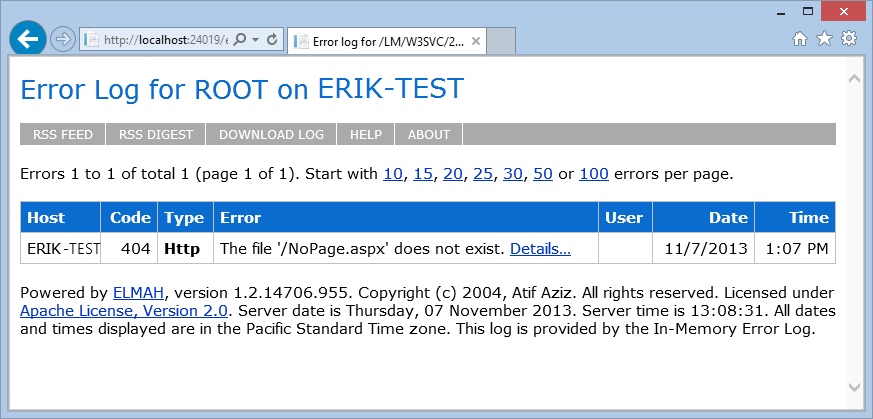 ASP.NET Error Handling - ELMAH Error Log