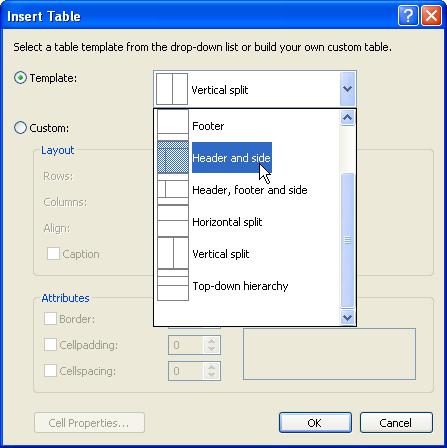 Screenshot that shows an Insert Table with the Header and side Template selected from the drop down list.