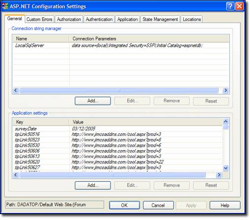 Screenshot that shows a General tab on the A S P dot N E T Configuration Settings dialog.