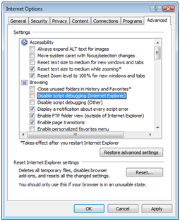 Configuring Internet Explorer for debugging.