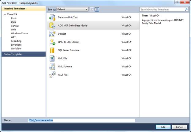 Screenshot that shows where to select A D O dot NET Entity Data Model.