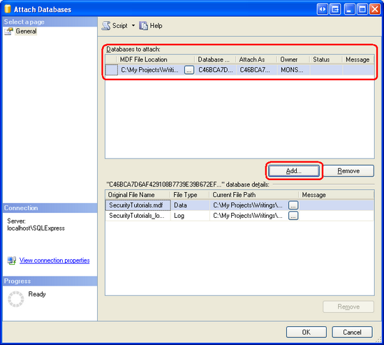 Attach the SecurityTutorials.mdf Database