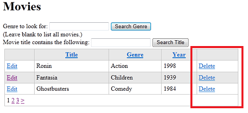 Movies page showing a Delete link for each movie