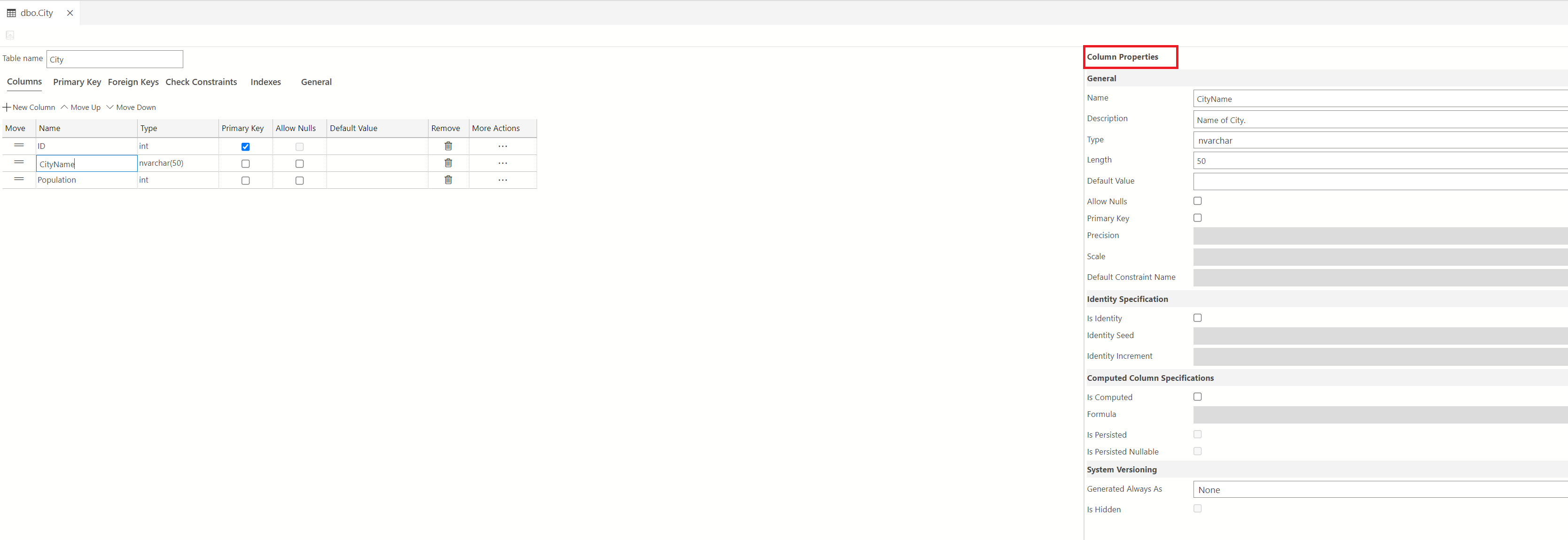 Screenshot of Table Designer showing how to change column properties using the column properties pane.