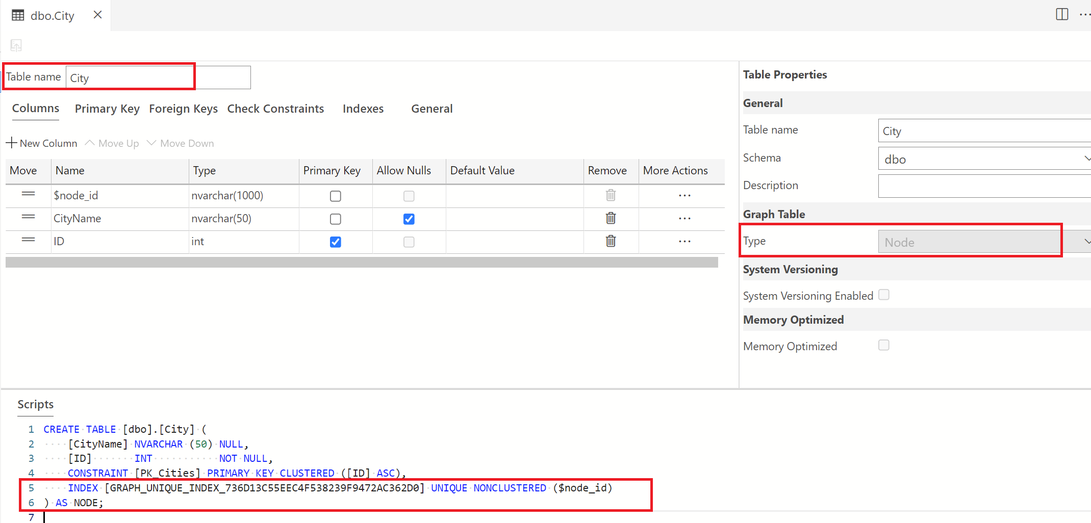 Screenshot of Table Designer showing how to create a Cities node graph table.