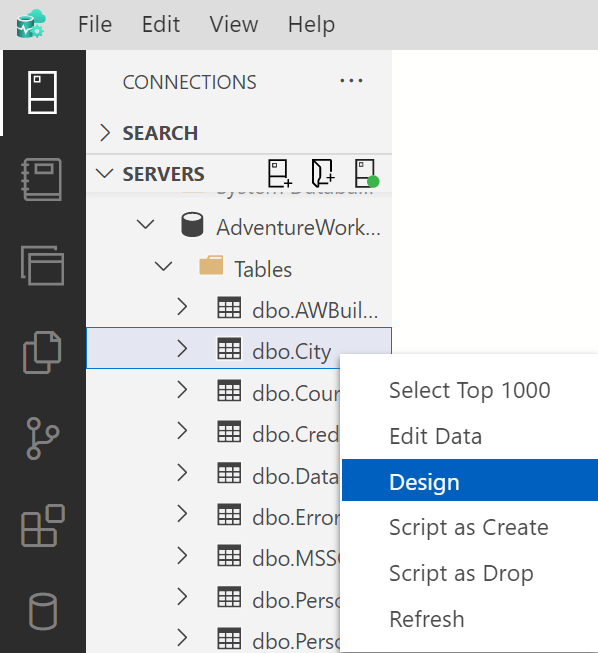 Screenshot of Table Designer showing how to edit an existing table.