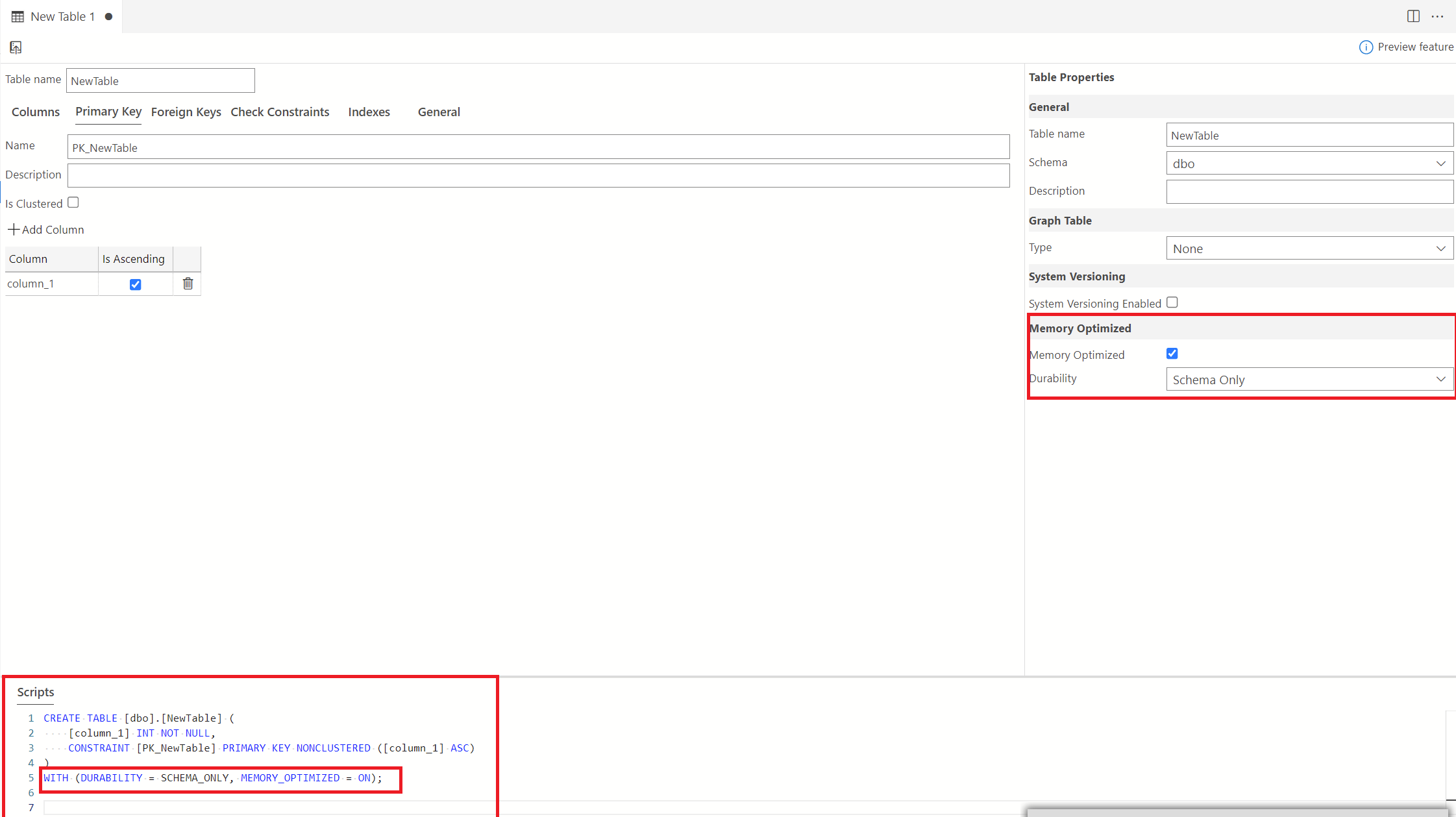 Screenshot of Table Designer showing Memory-Optimized Table with Schema only configuration.