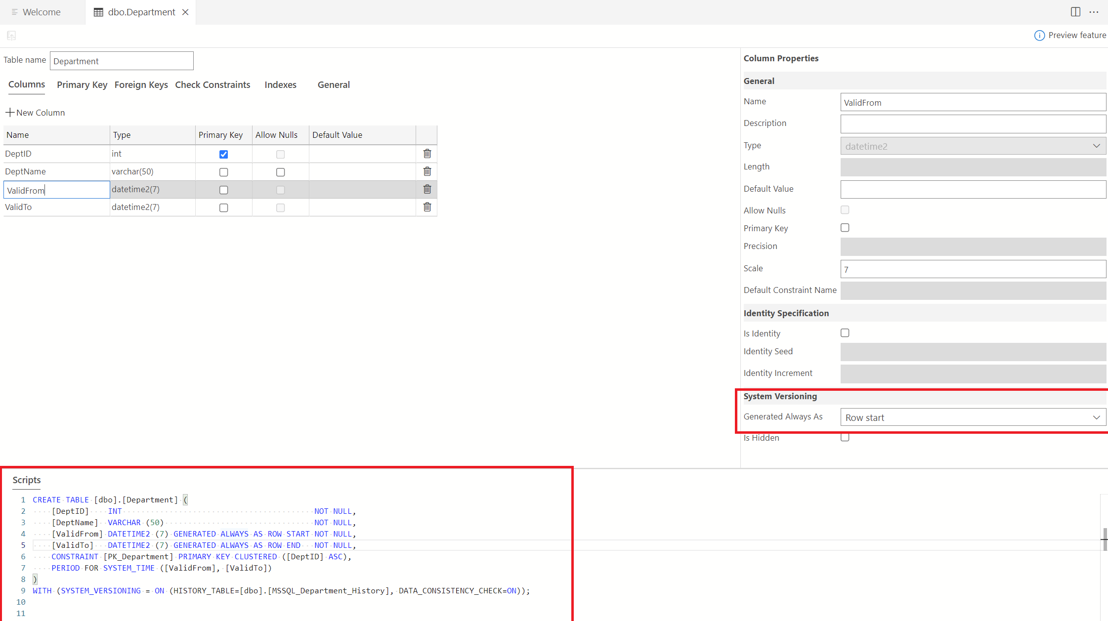 Screenshot of Table Designer showing how to define period columns.