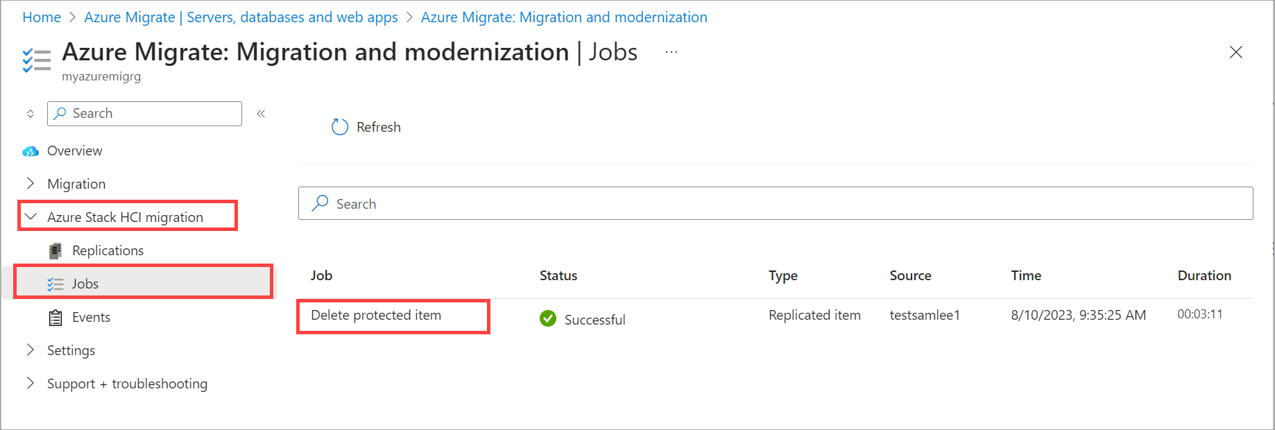 Screenshot Azure Migrate project > Migration tools > Overview > Azure Stack HCI migration > Jobs > Your job in Azure portal.