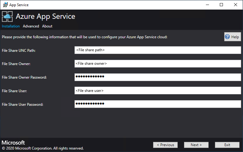 Screenshot that shows the screen where you configure your File Server paths and credentials in the App Service installer