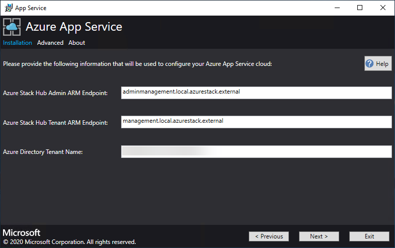 Screenshot that shows where to configure the ARM endpoints in the App Service installer.