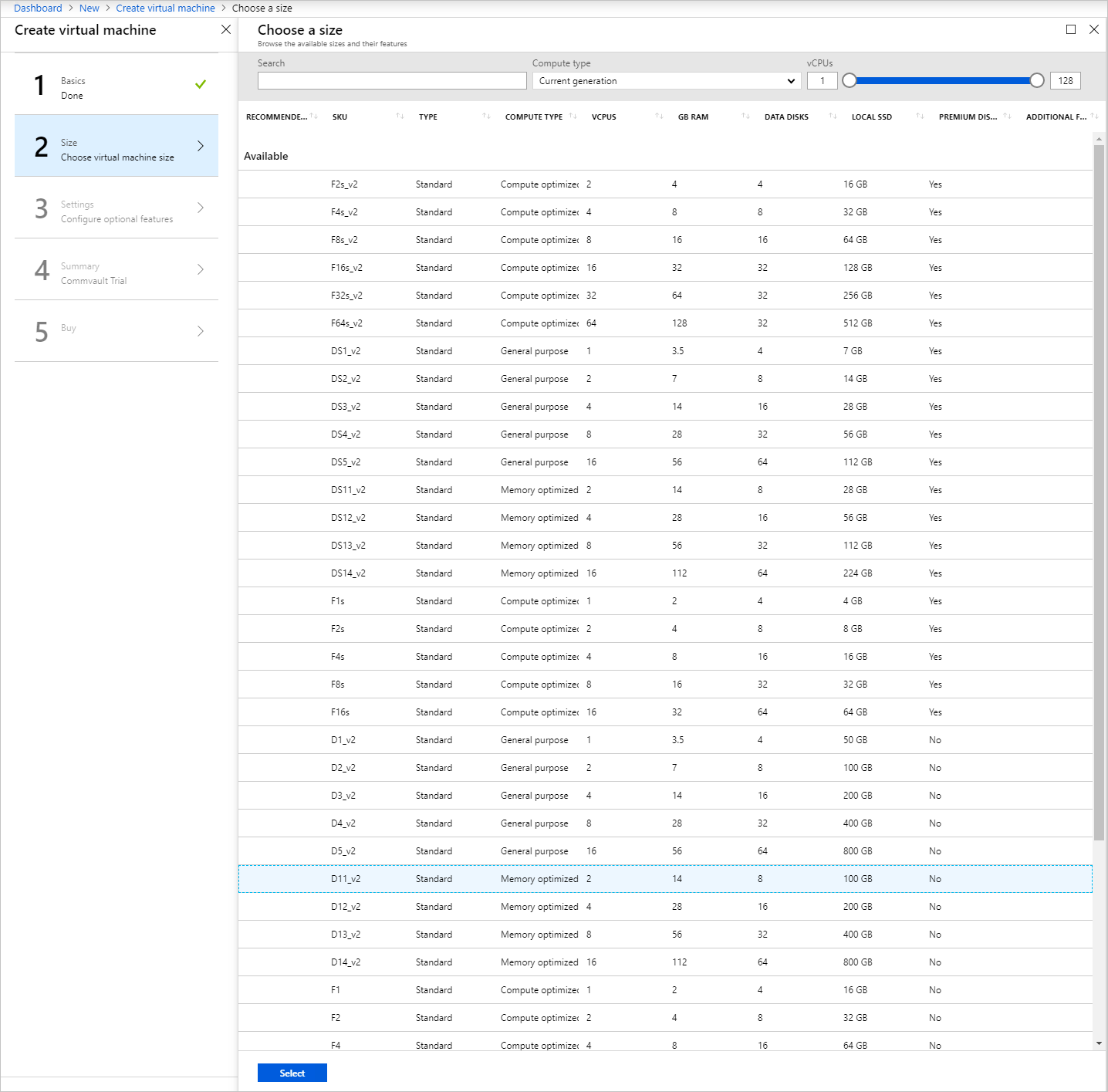 The "Dashboard > New > Create virtual machine > Choose a size" dialog box shows a list of size possibilities for the virtual machine.