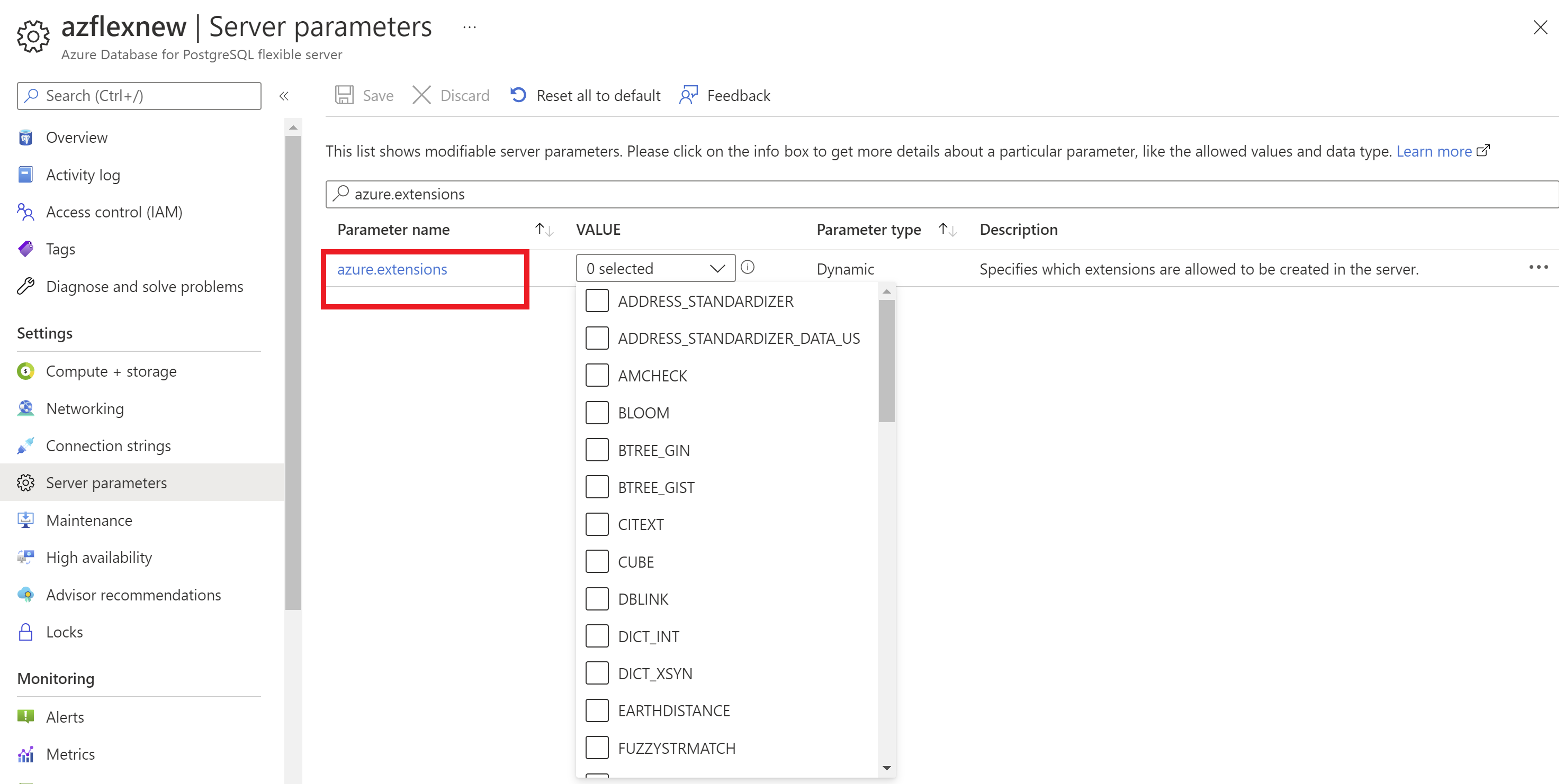 Screenshot showing Azure Database for PostgreSQL - allow-listing extensions for installation.