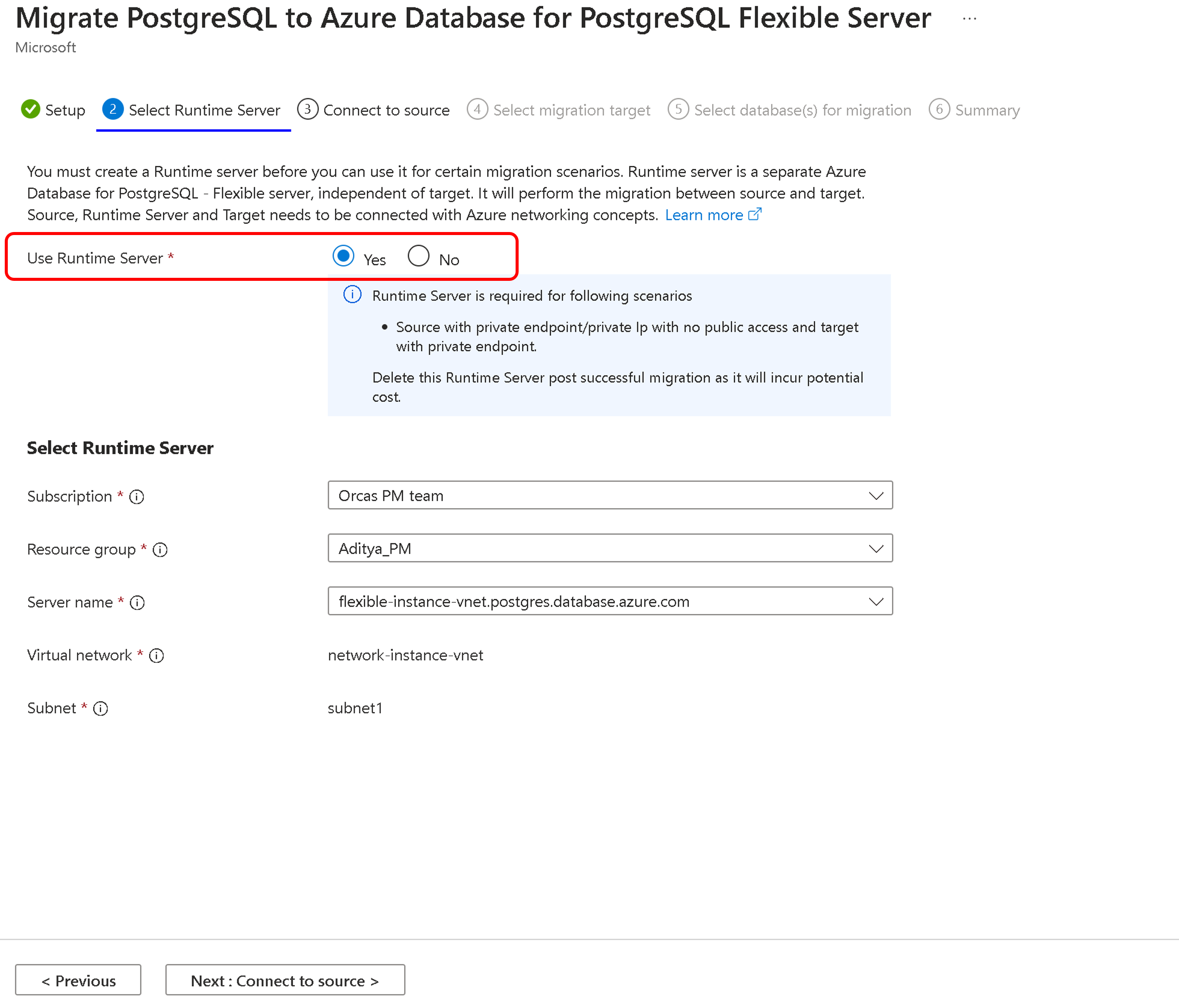 Screenshot that shows selecting Migration Runtime Server.