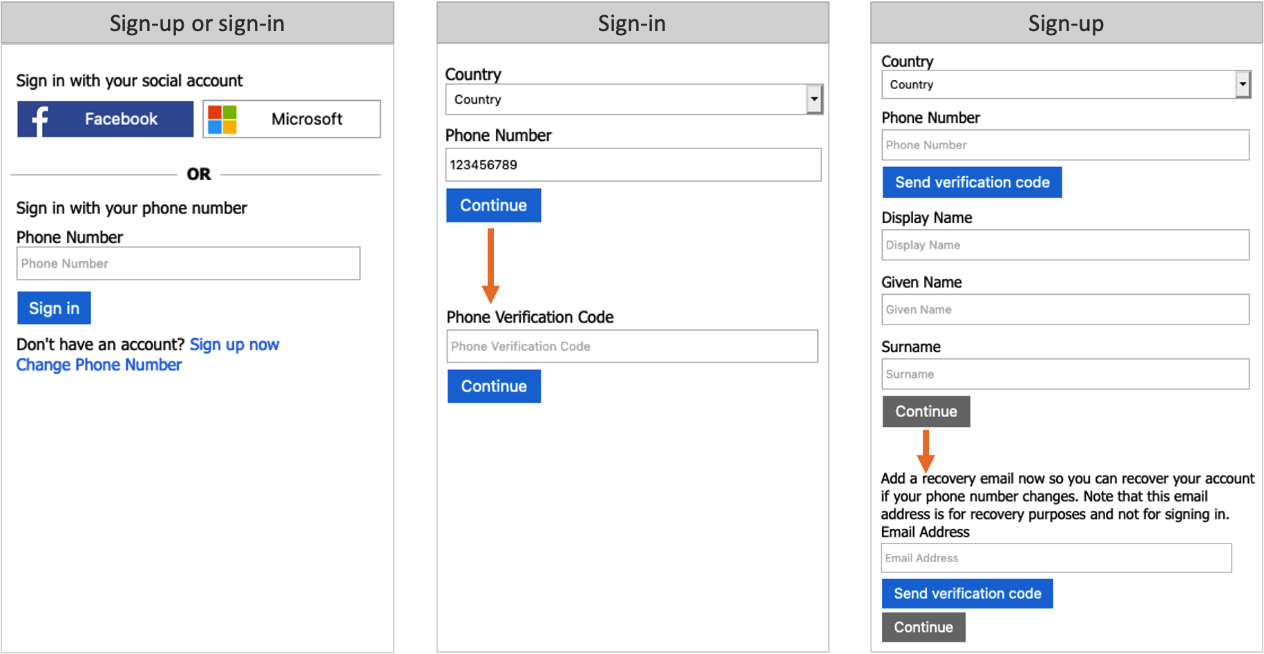 Series of screenshots showing phone sign-up or sign-in experience.