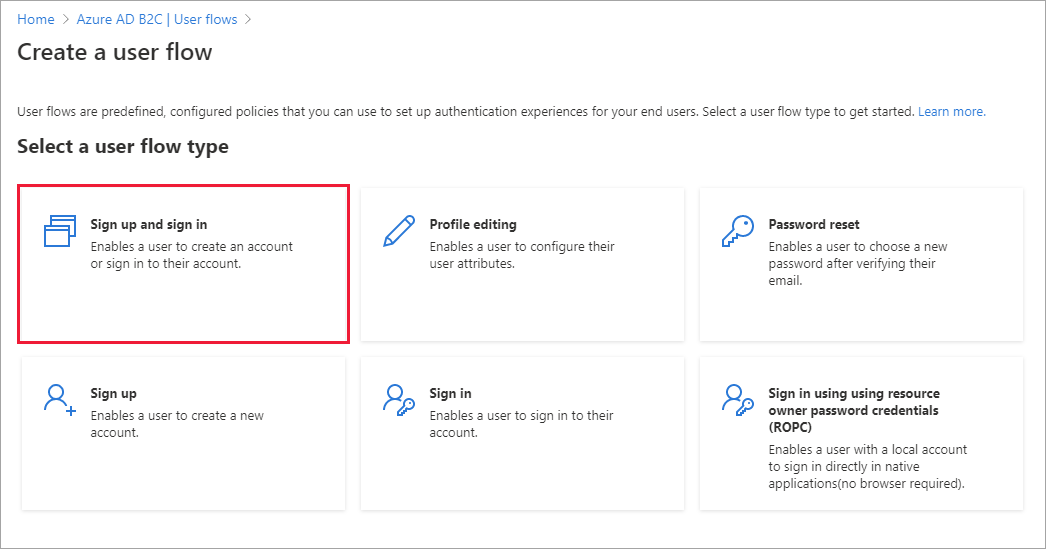 Screenshot of the Select a user flow page from the Azure portal with the Sign-up and sign-in flow highlighted.