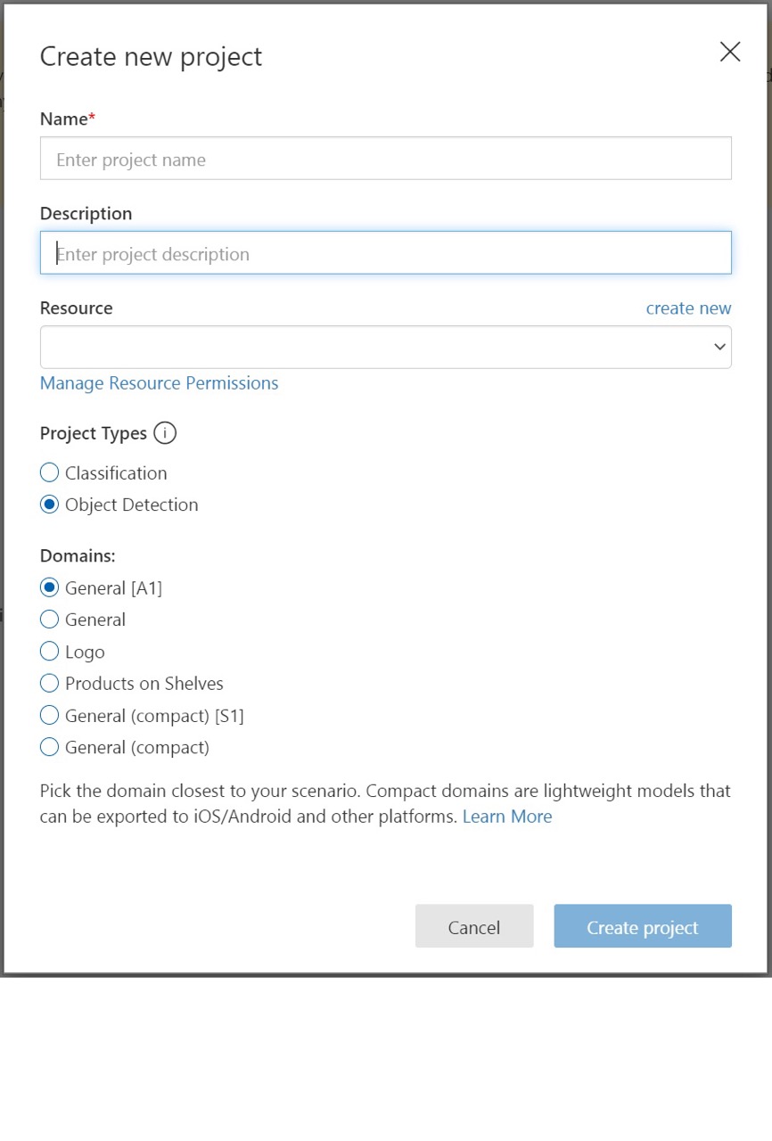 Screenshot of the new project dialog box with fields for name, description, and domains.