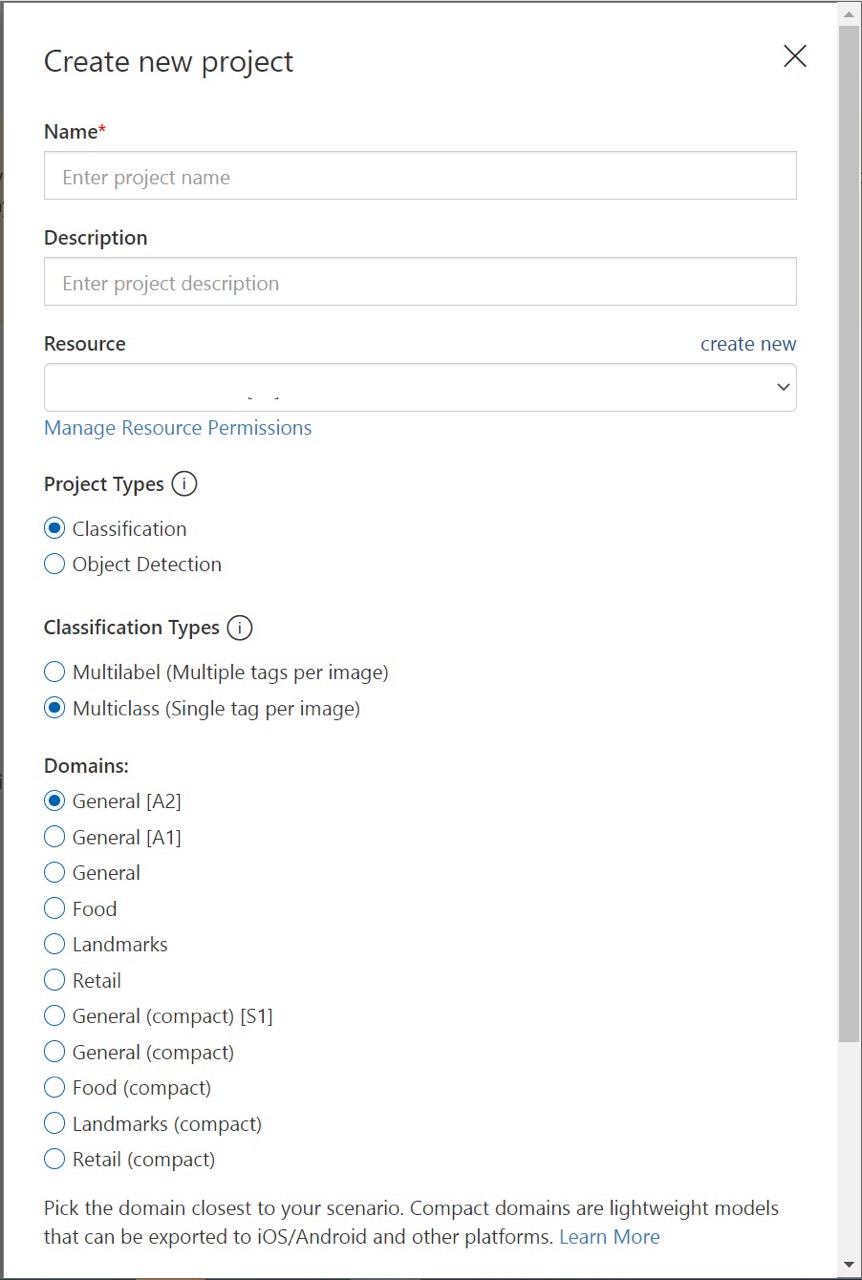 Screenshot of the new project dialog box with fields for name, description, and domains.