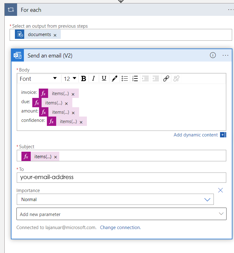 Screenshot of the Send an email (V2) window with completed fields.