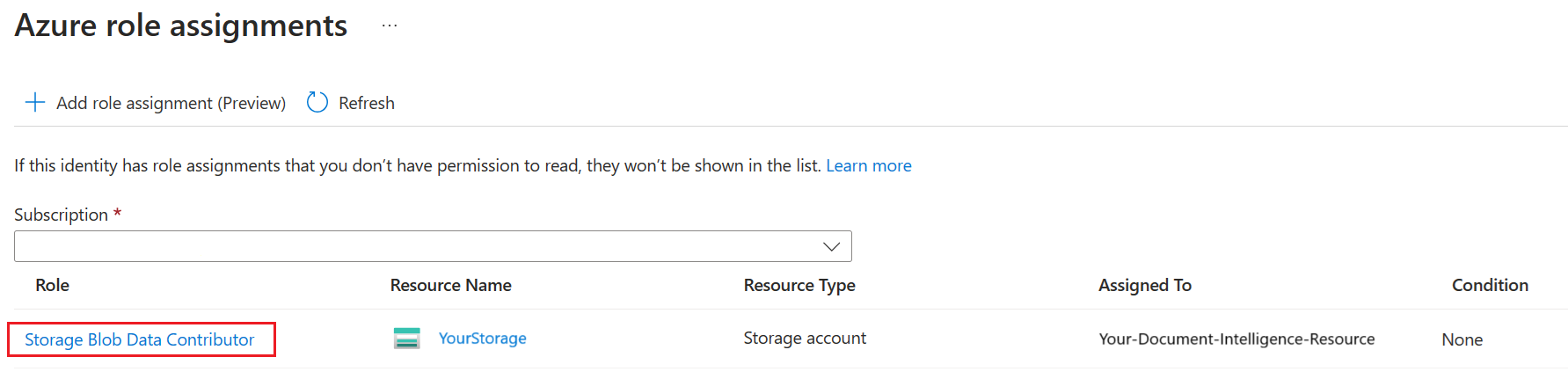 Screenshot of assigning storage blob data contributor role.