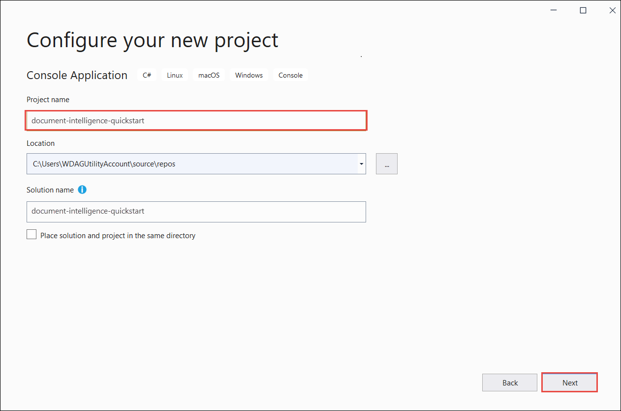 Screenshot of Visual Studio's configure new project page.