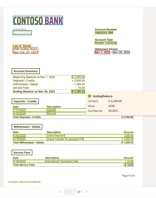 Screenshot of bank statement model extraction using Document Intelligence Studio.