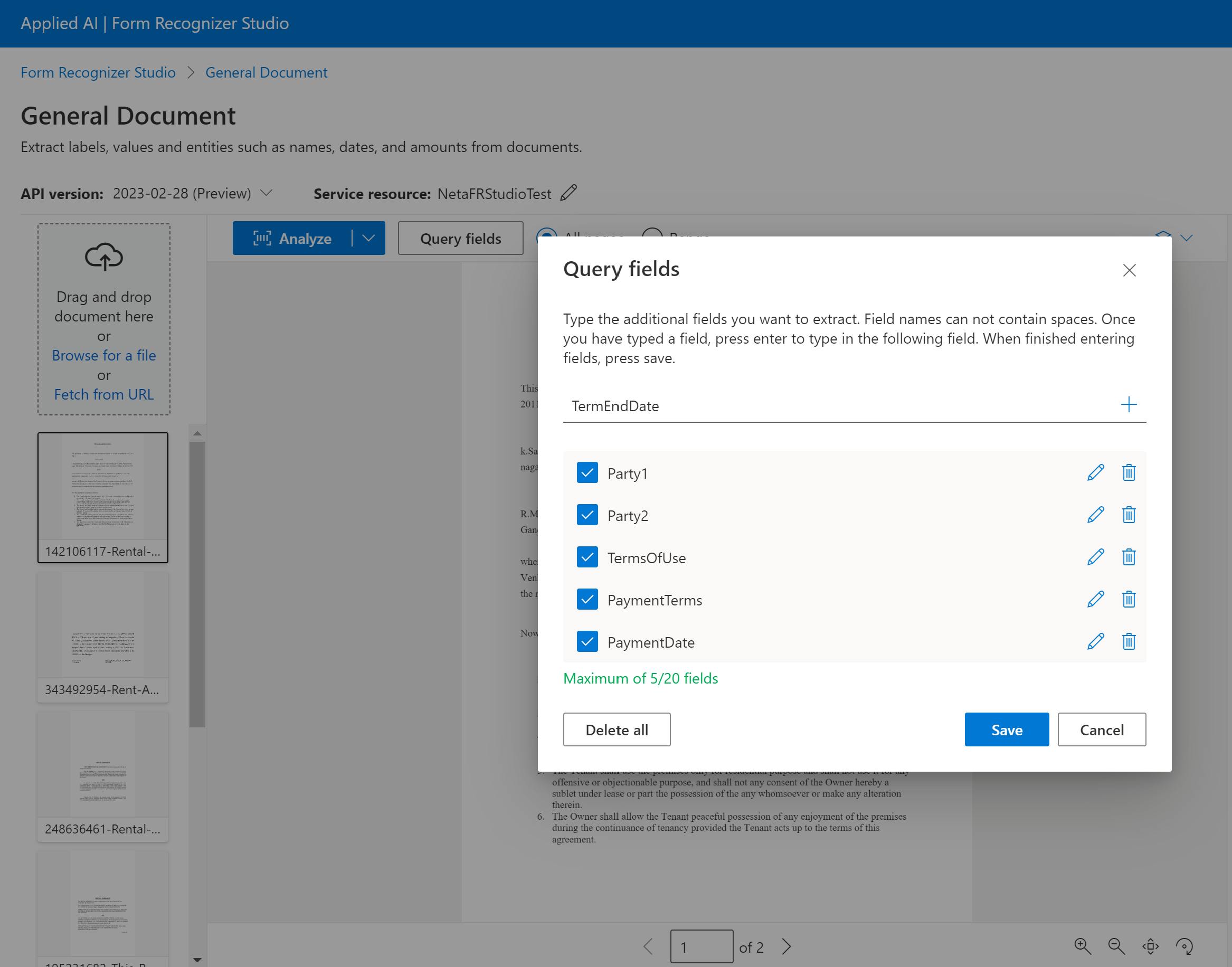 Screenshot of query fields selection window in Document Intelligence Studio.