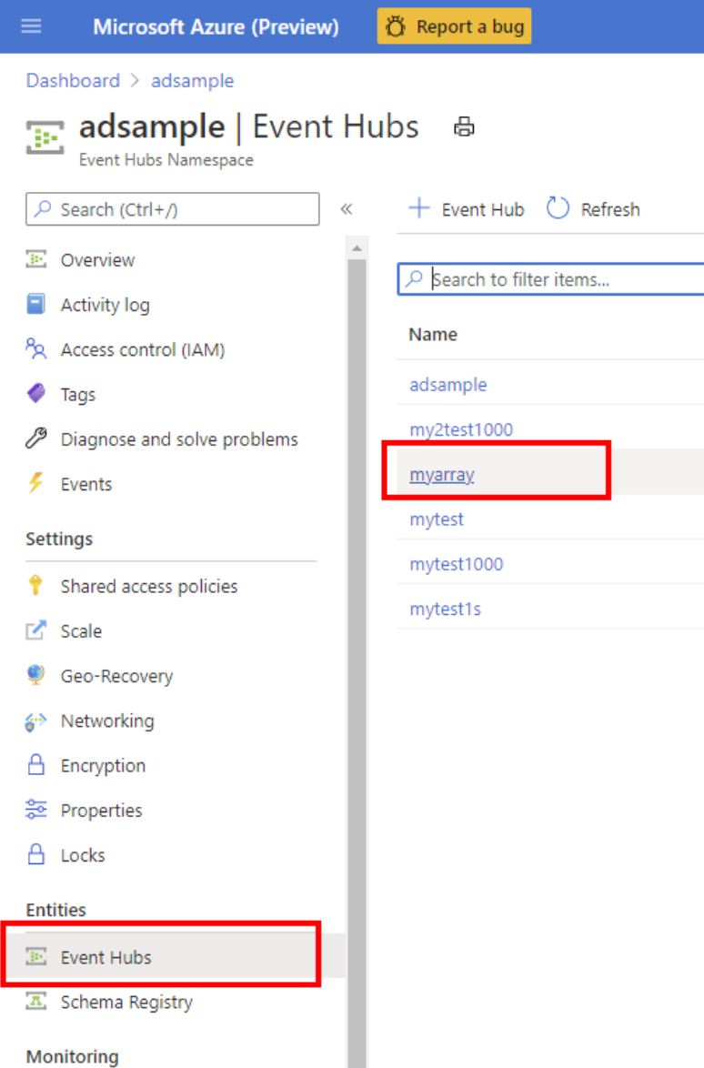Screenshot of Event Hubs.