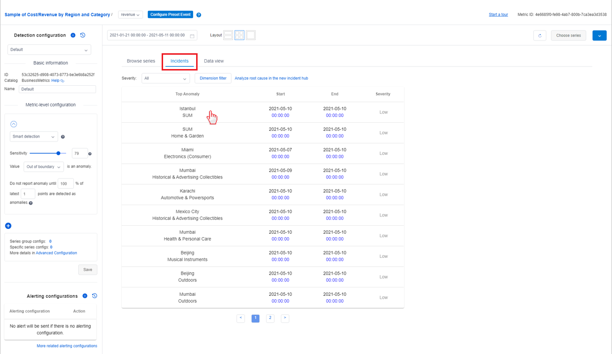 Diagnose from an incident listed in metrics page