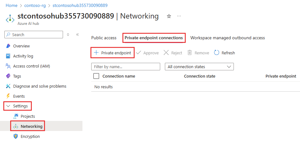 Screenshot of the private endpoint connections tab