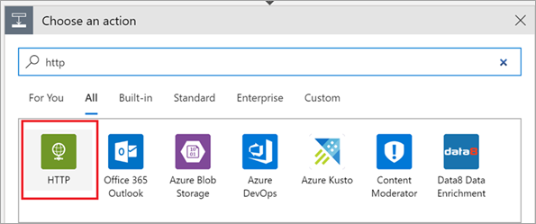Screenshot of the "Choose an action" section with the "HTTP" tile selected.