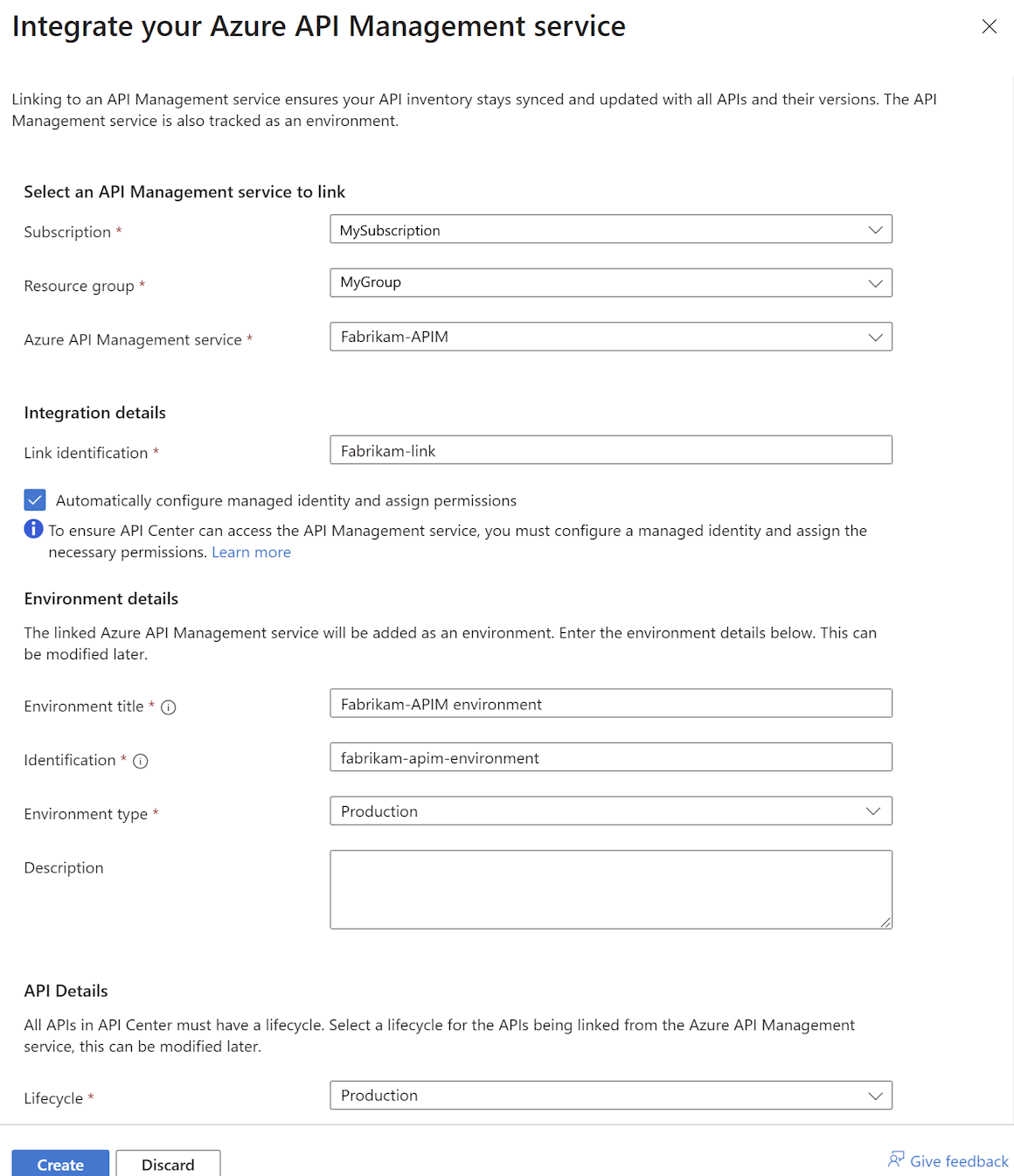 Screenshot of linking an Azure API Management Service in the portal.