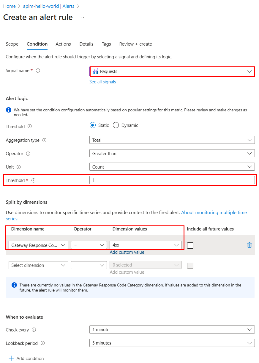 Screenshot of configuring alert logic in the portal.