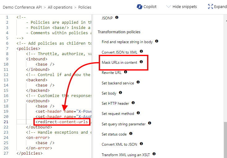 Screenshot of inserting mask URLs in content policy in the portal.