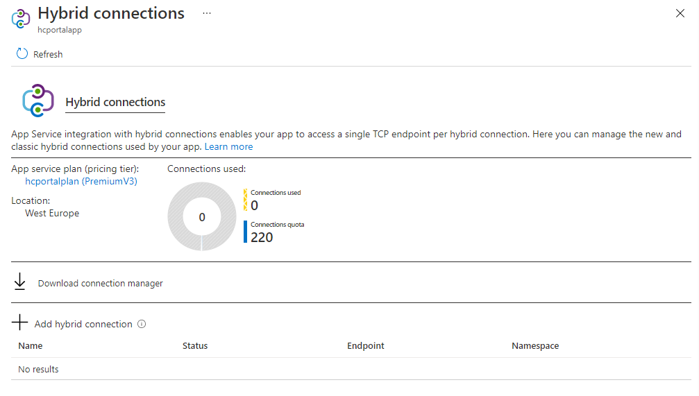 Screenshot of Hybrid Connection list where you can add and manage connections.