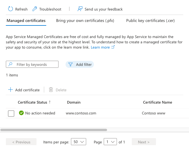 Screenshot of the Managed certificates pane with the new certificate listed.