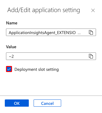 Screenshot that shows the checkbox for configuring an app setting as a slot setting in the Azure portal.