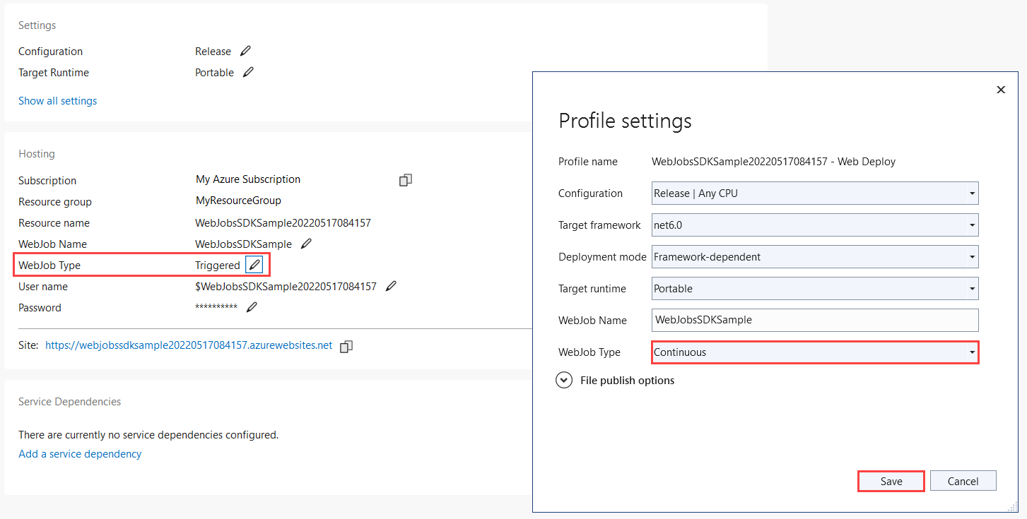 Change WebJob type from the VS 2022 Publish window.