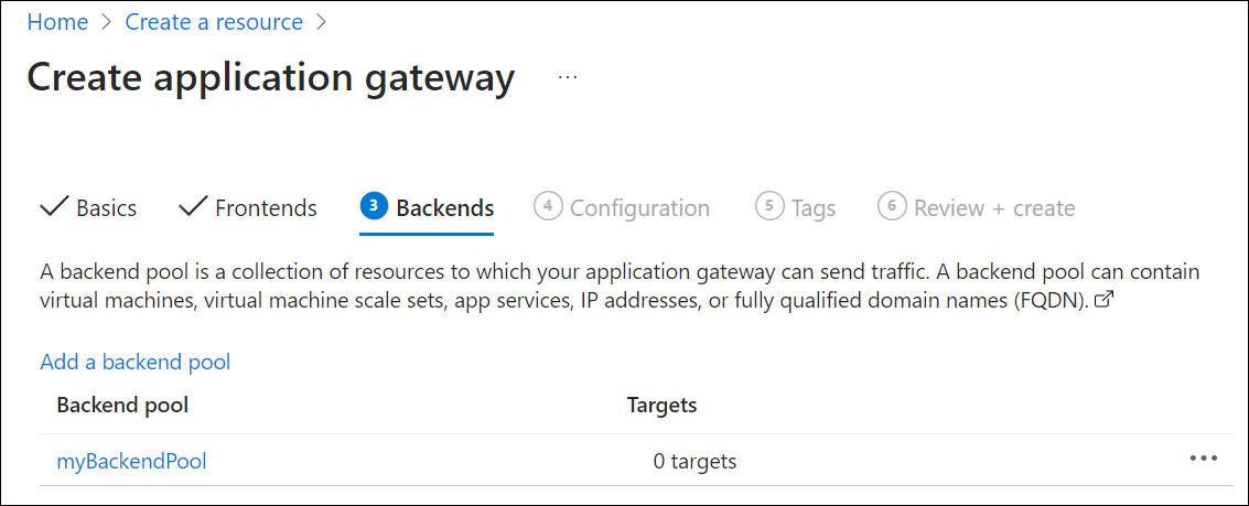 Screenshot of create a new application gateway backends.